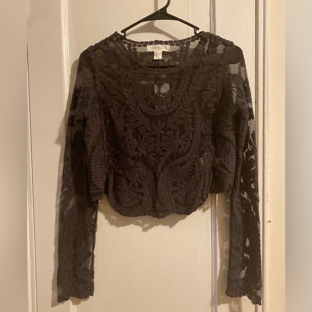 Grey sheer crop top with floral pattern